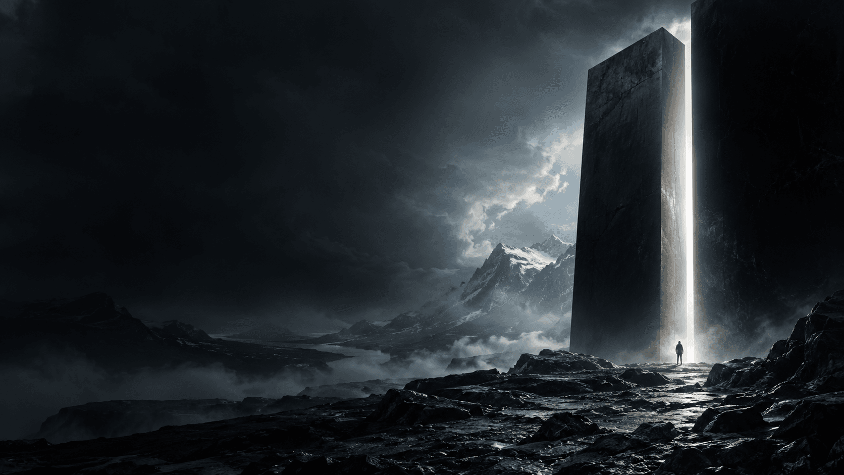 A silver-lit doorway opening across a dark landscape
